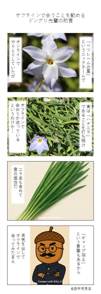 「ベツレヘムの星」というニックネームでオンラインでやりとりしていたが 実は「ハナニラ」えあることを打ち明け オフラインで会おうか迷っているというわけか・・・ ニラ臭も含めて君の個性だ 「ギャップ萌え」という言葉もあるから勇気を出してオフラインで会ってみたまえ